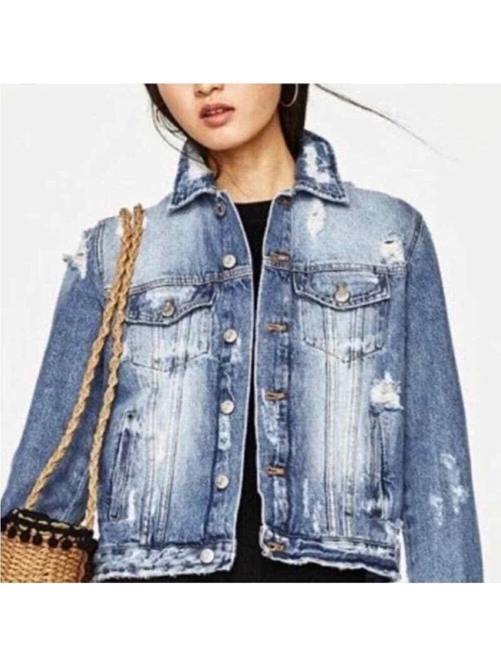 Zara Trafaluc Denimwear Size L Distressed Jean Jacket Blogger Favorite Classic